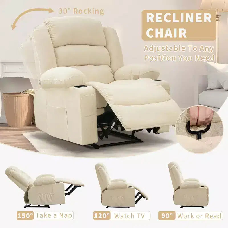 Fauteuil inclinable manuel surdimensionné avec inclinaison à 3 positions, fauteuil de salon individuel surrembourré élargi avec 2 porte-gobelets, 2 poches latérales, tissu chenille
