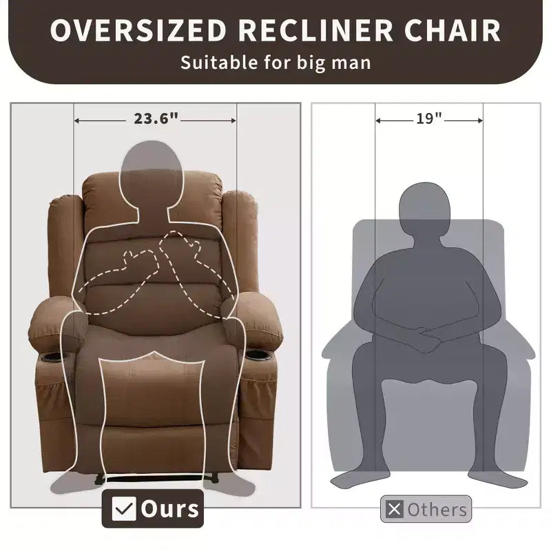 Fauteuil inclinable manuel surdimensionné avec inclinaison à 3 positions, fauteuil de salon individuel surrembourré élargi avec 2 porte-gobelets, 2 poches latérales, tissu chenille