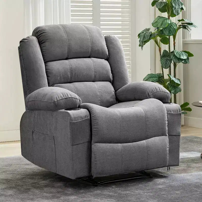 Fauteuil inclinable manuel surdimensionné avec inclinaison à 3 positions, fauteuil de salon individuel surrembourré élargi avec 2 porte-gobelets, 2 poches latérales, tissu chenille