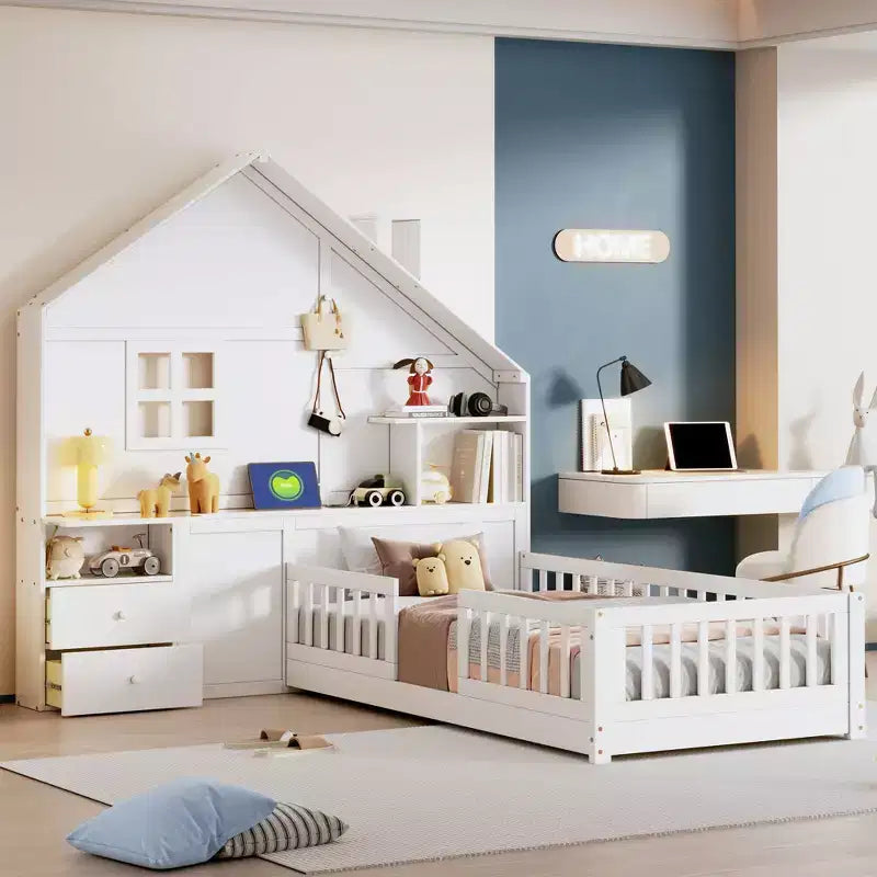 Twin/Full House Bed with Storage Shelves for Kids, Wood Platform Bed with USB Port Sockets Window and Drawers