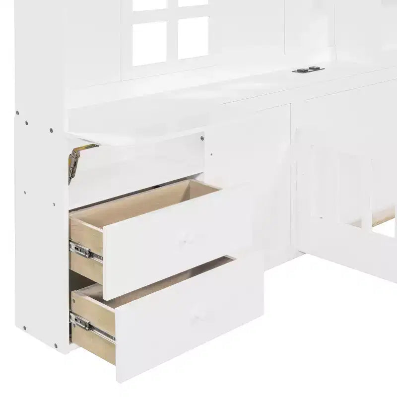 Lit cabane double/grand avec étagères de rangement pour enfants, lit plateforme en bois avec ports USB, fenêtre et tiroirs