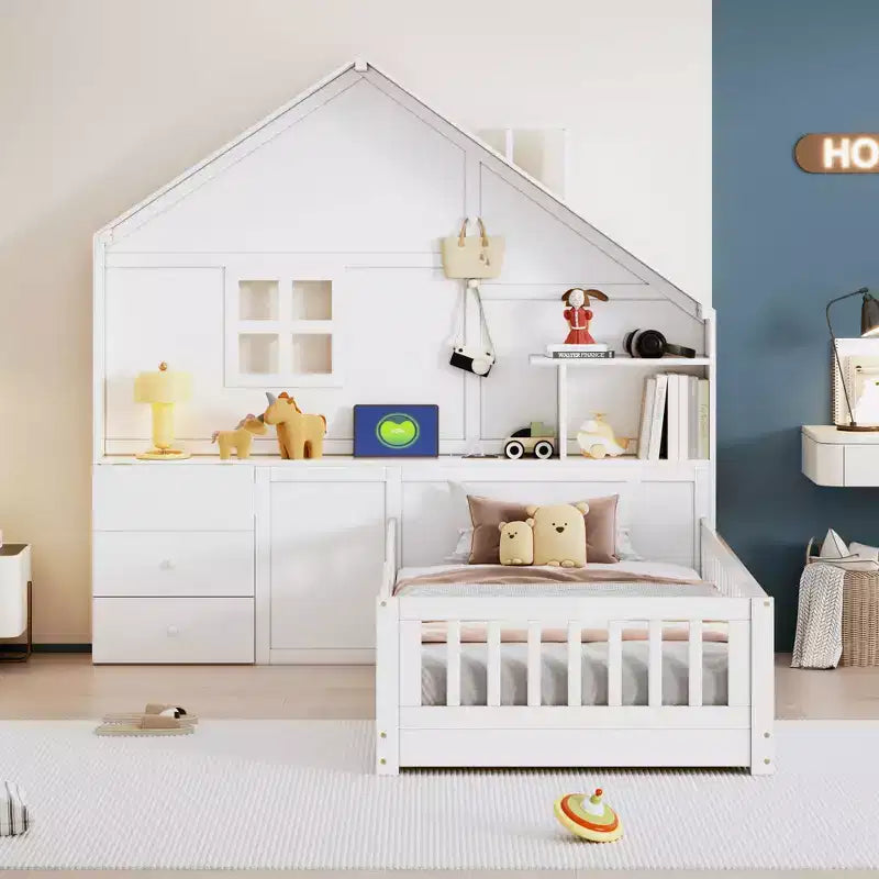 Lit cabane double/grand avec étagères de rangement pour enfants, lit plateforme en bois avec ports USB, fenêtre et tiroirs