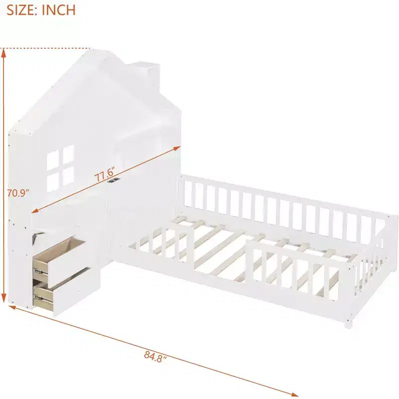 Lit cabane double/grand avec étagères de rangement pour enfants, lit plateforme en bois avec ports USB, fenêtre et tiroirs