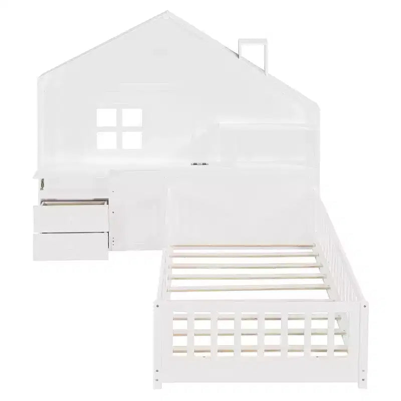 Lit cabane double/grand avec étagères de rangement pour enfants, lit plateforme en bois avec ports USB, fenêtre et tiroirs