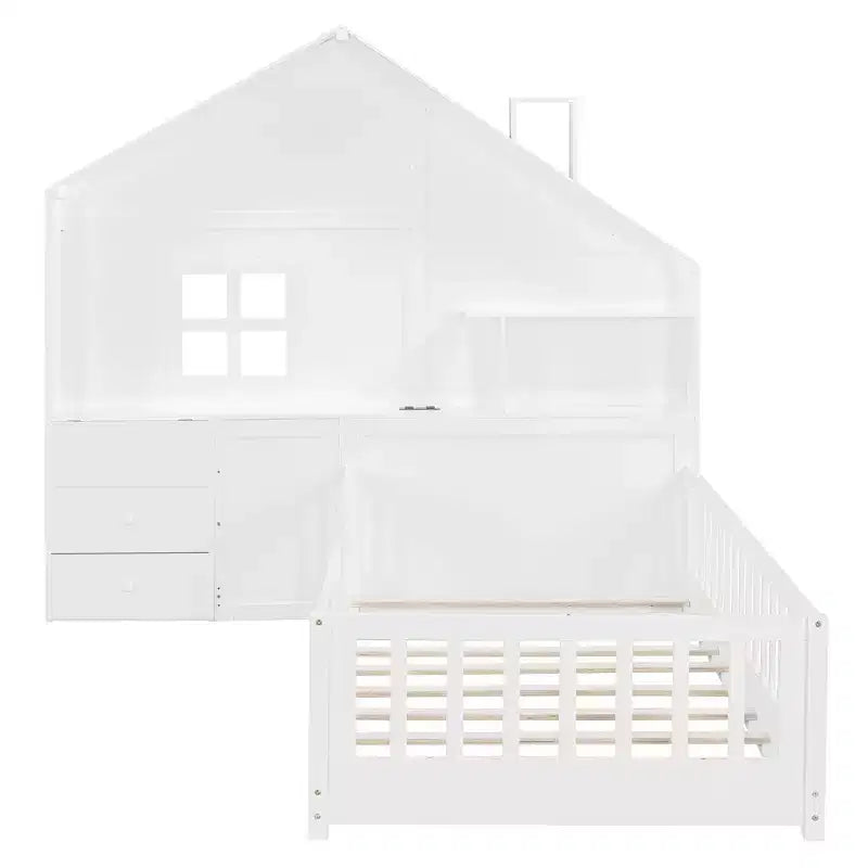 Lit cabane double/grand avec étagères de rangement pour enfants, lit plateforme en bois avec ports USB, fenêtre et tiroirs