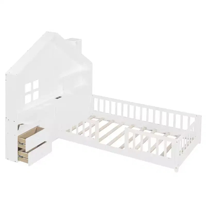 Lit cabane double/grand avec étagères de rangement pour enfants, lit plateforme en bois avec ports USB, fenêtre et tiroirs