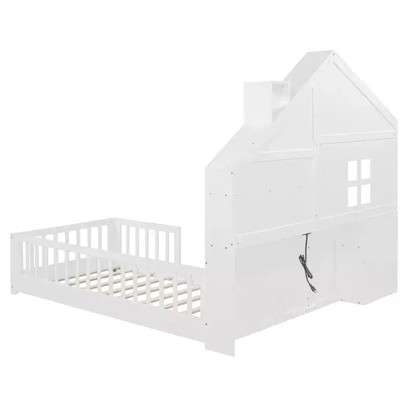 Lit cabane double/grand avec étagères de rangement pour enfants, lit plateforme en bois avec ports USB, fenêtre et tiroirs