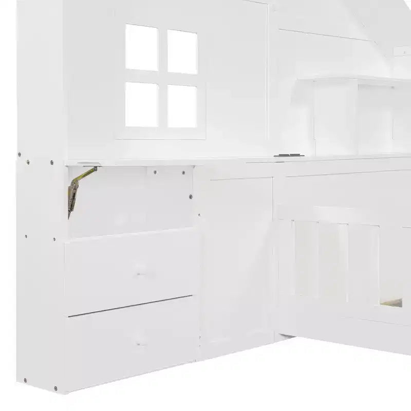 Lit cabane double/grand avec étagères de rangement pour enfants, lit plateforme en bois avec ports USB, fenêtre et tiroirs