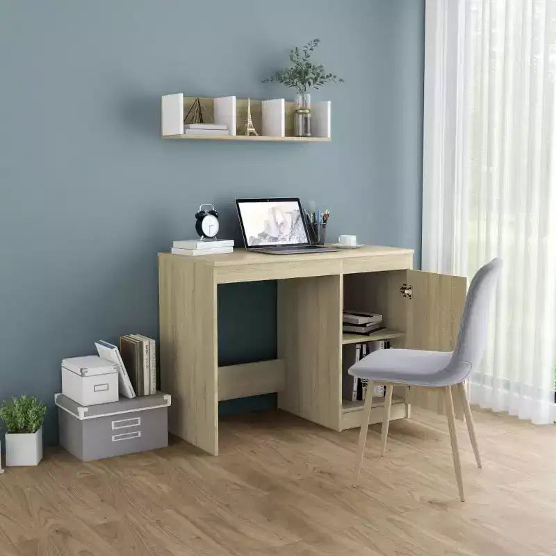 Bureau d'ordinateur moderne Clihome de 100 cm en chêne Sonoma avec armoire de rangement intégrée pour bureau à domicile