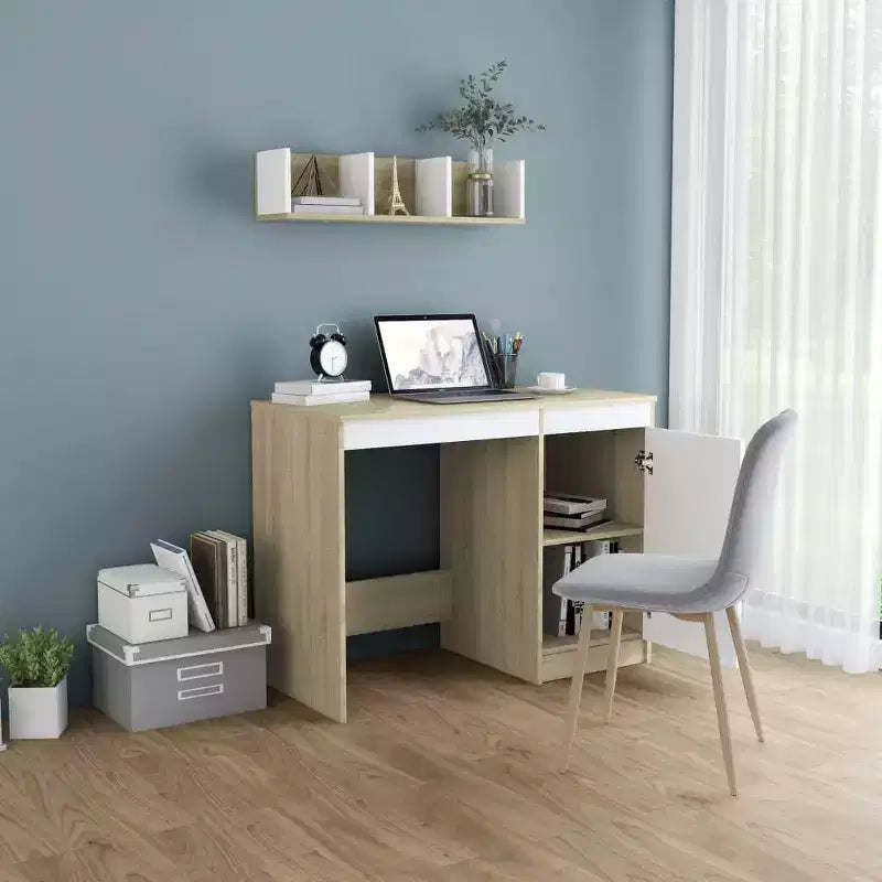 Bureau d'ordinateur moderne Clihome de 100 cm en chêne Sonoma avec armoire de rangement intégrée pour bureau à domicile