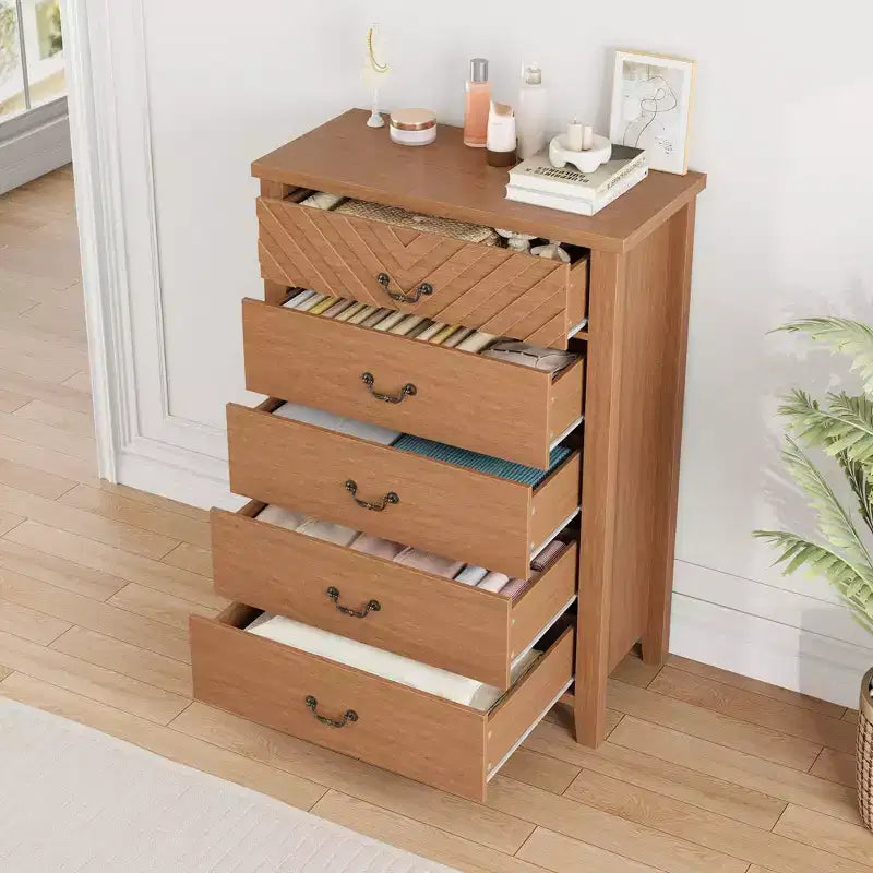 Commode de Ferme à 5 Tiroirs pour Chambre à Coucher, Table de Chevet à 5 Tiroirs avec Design Élégant en V, pour Chambre à Coucher