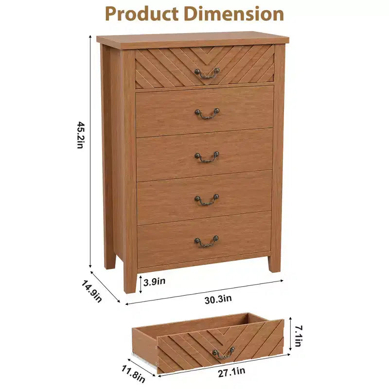 Commode de Ferme à 5 Tiroirs pour Chambre à Coucher, Table de Chevet à 5 Tiroirs avec Design Élégant en V, pour Chambre à Coucher