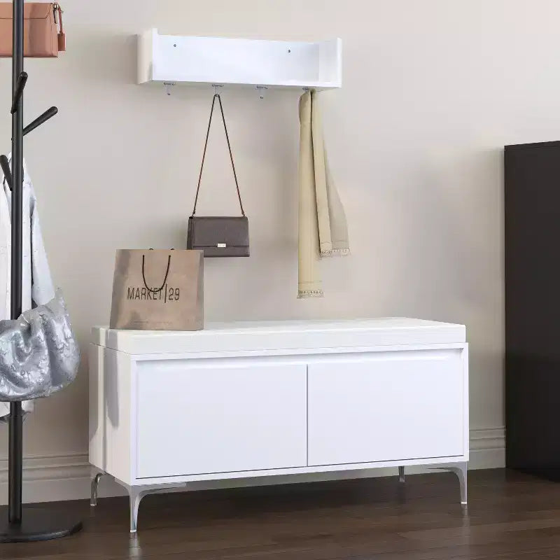 Banc de rangement et étagère d'entrée murale avec crochets, banc à chaussures d'entrée, meuble à chaussures avec coussin, blanc - ModernLuxe