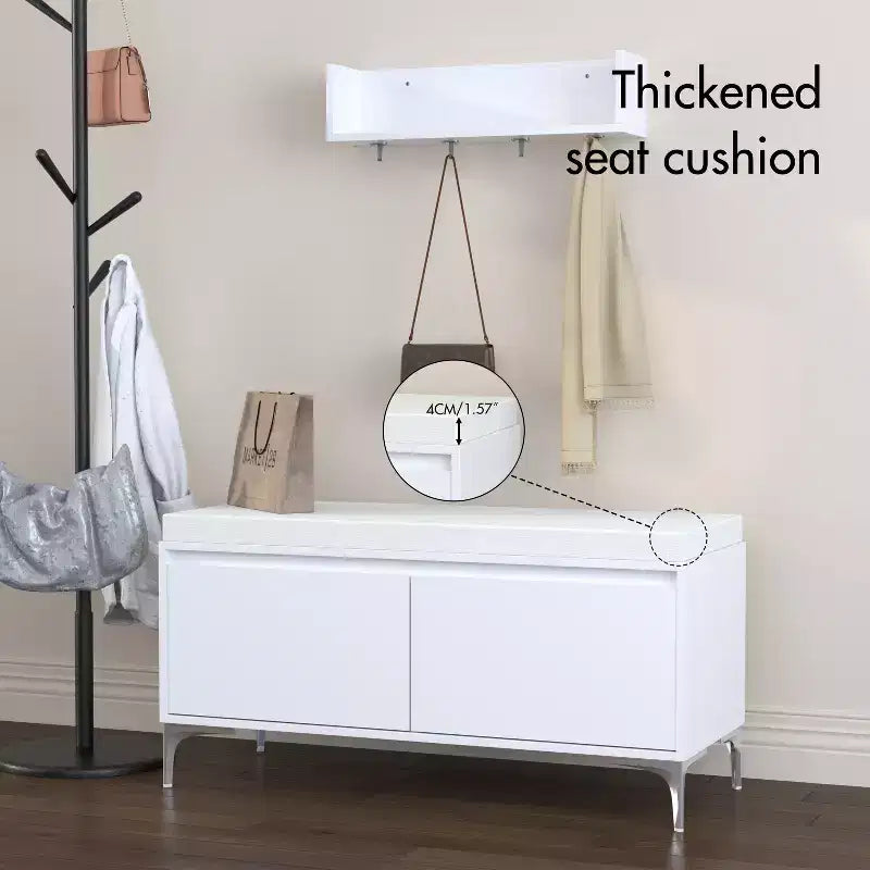 Banc de rangement et étagère d'entrée murale avec crochets, banc à chaussures d'entrée, meuble à chaussures avec coussin, blanc - ModernLuxe