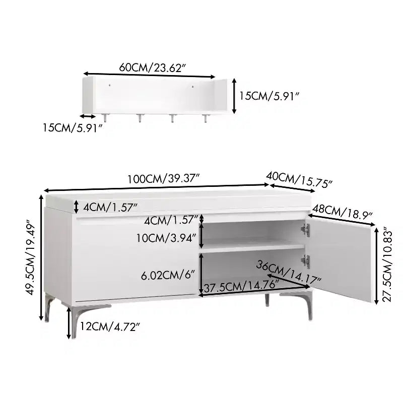 Banc de rangement et étagère d'entrée murale avec crochets, banc à chaussures d'entrée, meuble à chaussures avec coussin, blanc - ModernLuxe