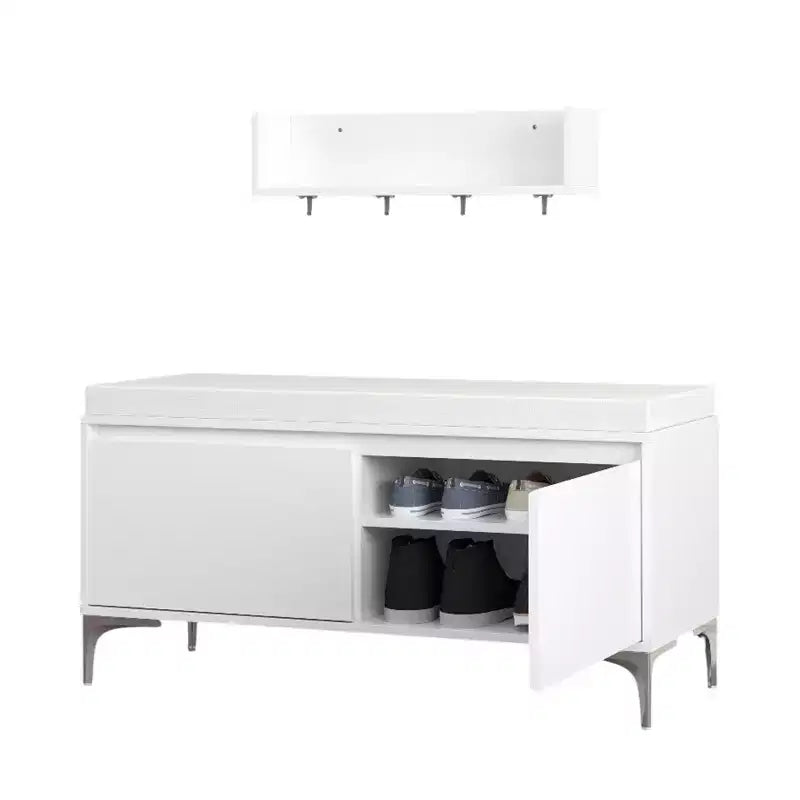 Banc de rangement et étagère d'entrée murale avec crochets, banc à chaussures d'entrée, meuble à chaussures avec coussin, blanc - ModernLuxe