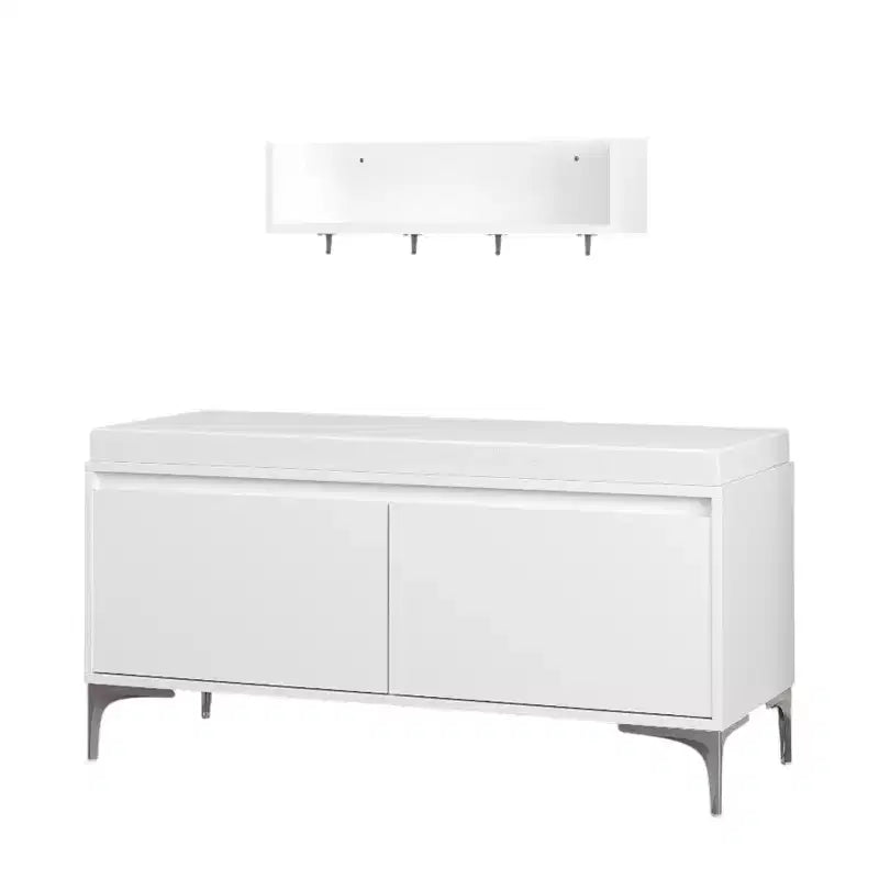 Banc de rangement et étagère d'entrée murale avec crochets, banc à chaussures d'entrée, meuble à chaussures avec coussin, blanc - ModernLuxe