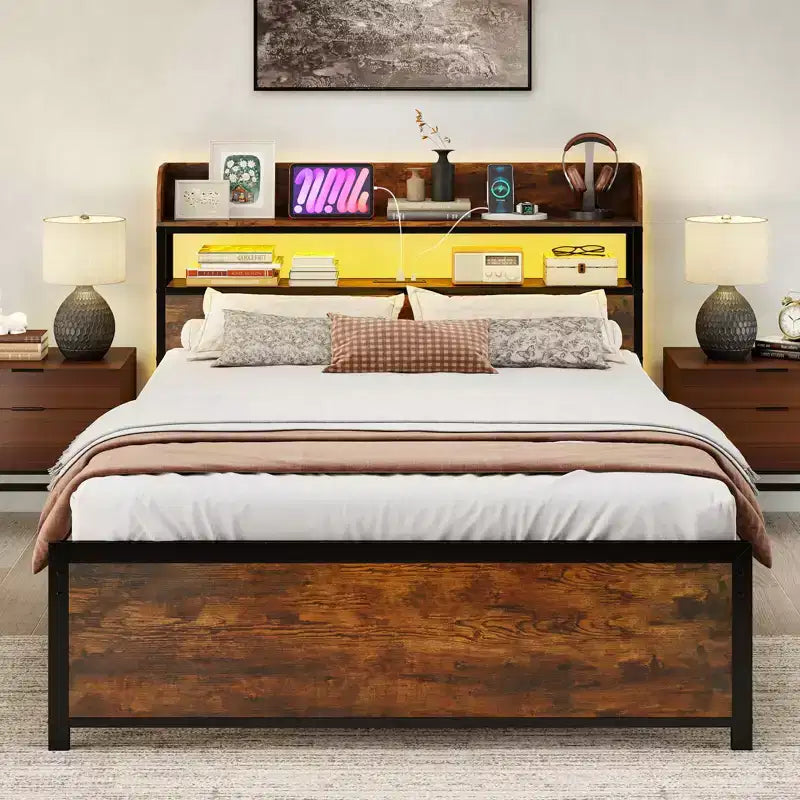Cadre de lit Coatway grand lit/très grand lit avec lumières LED, prises électriques et tête de lit de rangement, support à lattes métalliques