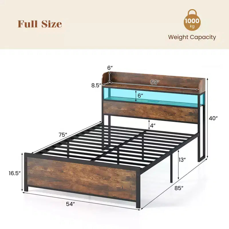 Cadre de lit Coatway grand lit/très grand lit avec lumières LED, prises électriques et tête de lit de rangement, support à lattes métalliques