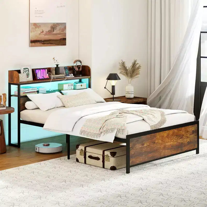 Cadre de lit Coatway grand lit/très grand lit avec lumières LED, prises électriques et tête de lit de rangement, support à lattes métalliques
