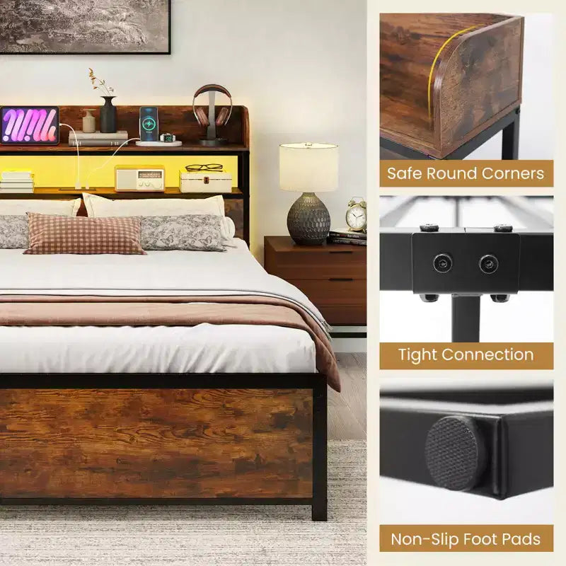 Cadre de lit Coatway grand lit/très grand lit avec lumières LED, prises électriques et tête de lit de rangement, support à lattes métalliques