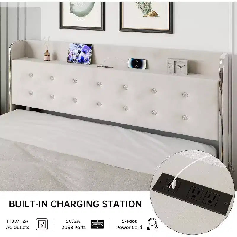 Lit plateforme tapissé COZONY avec station de charge, étagère de tête de lit 4 tiroirs de rangement sans sommier tapissier