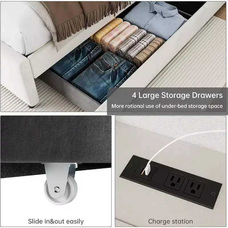 Lit plateforme tapissé COZONY avec station de charge, étagère de tête de lit 4 tiroirs de rangement sans sommier tapissier