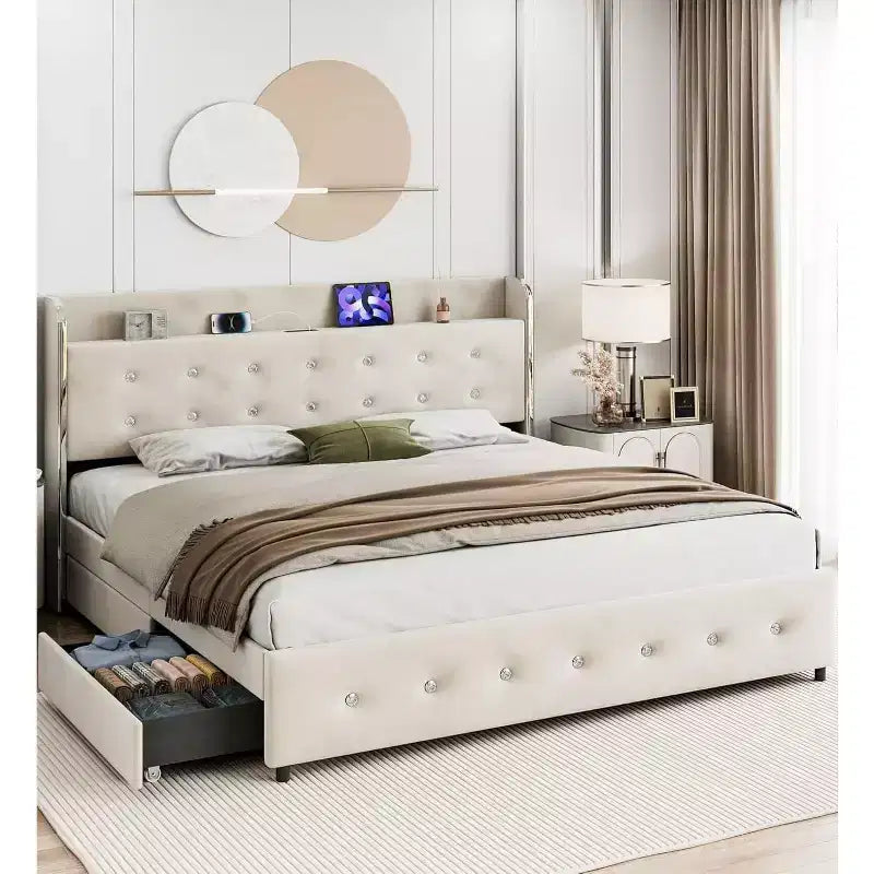 Lit plateforme tapissé COZONY avec station de charge, étagère de tête de lit 4 tiroirs de rangement sans sommier tapissier