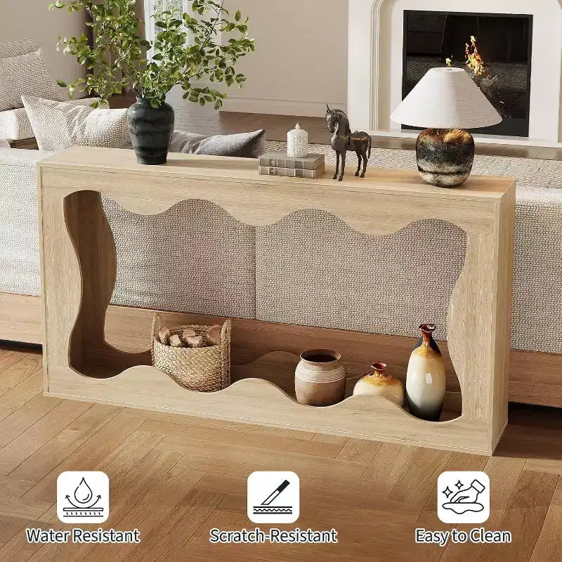 Console de 63 po avec rangement et motif ondulé, table de canapé étroite de style campagnard, table derrière le canapé, pour salon, chambre, entrée
