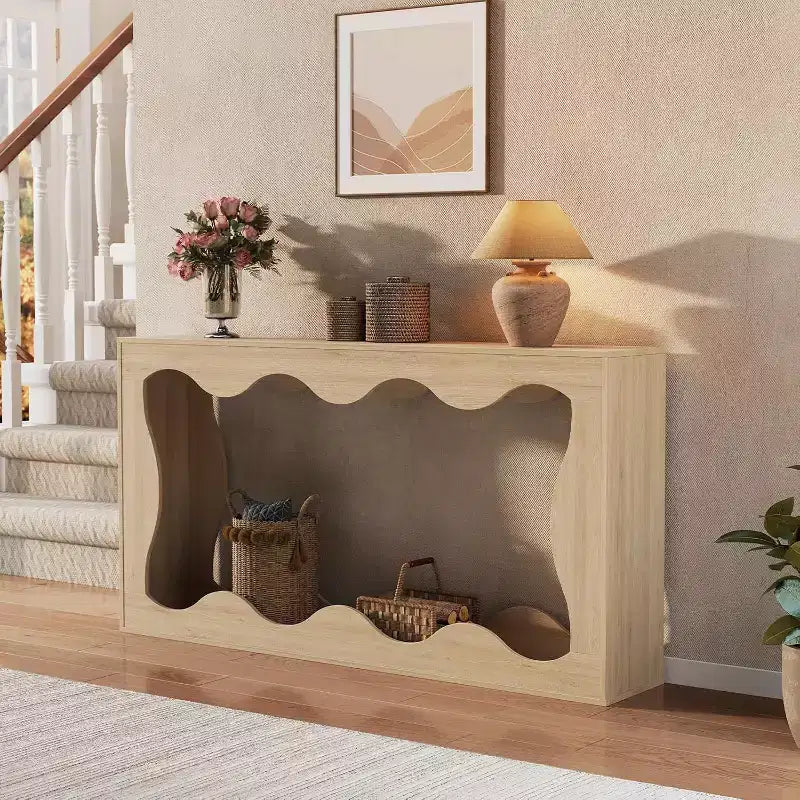 Console de 63 po avec rangement et motif ondulé, table de canapé étroite de style campagnard, table derrière le canapé, pour salon, chambre, entrée