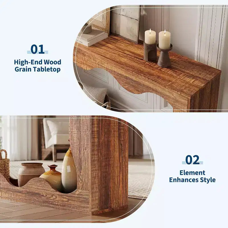 Console de 63 po avec rangement et motif ondulé, table de canapé étroite de style campagnard, table derrière le canapé, pour salon, chambre, entrée