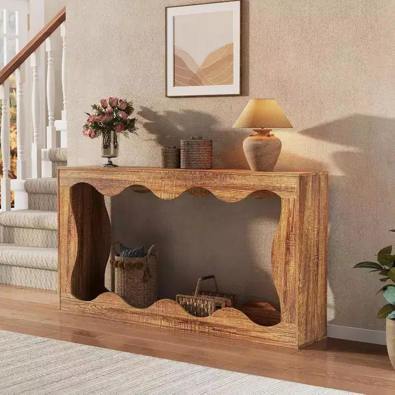 Console de 63 po avec rangement et motif ondulé, table de canapé étroite de style campagnard, table derrière le canapé, pour salon, chambre, entrée