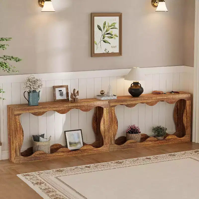 Console de 63 po avec rangement et motif ondulé, table de canapé étroite de style campagnard, table derrière le canapé, pour salon, chambre, entrée