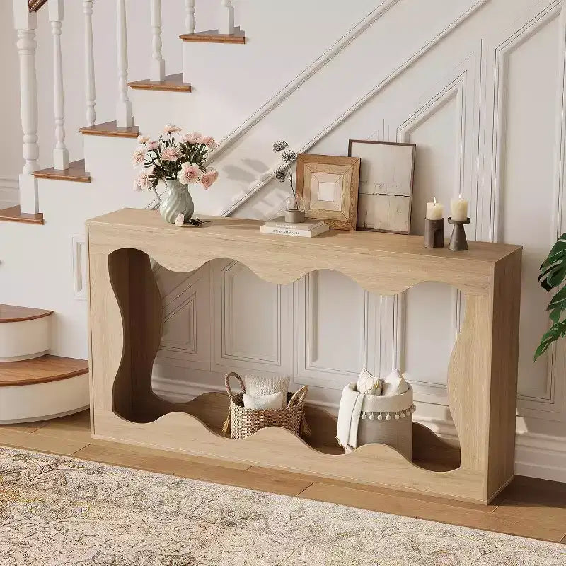Console de 63 po avec rangement et motif ondulé, table de canapé étroite de style campagnard, table derrière le canapé, pour salon, chambre, entrée