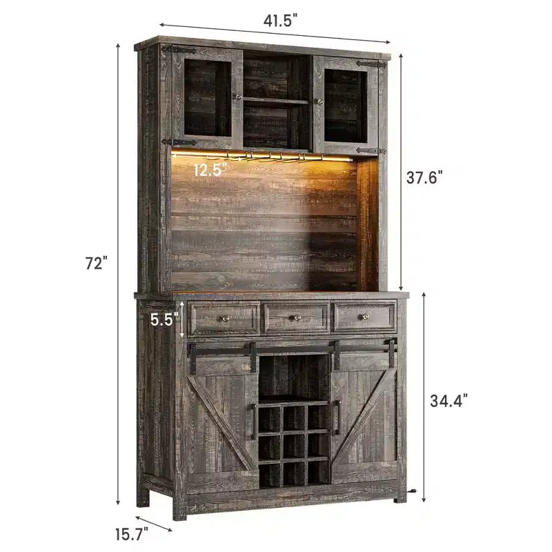 COZONY 72 Armoire de Bar à Café de Ferme avec Lumières LED, Buffet Moderne avec Portes Coulissantes et Rangement à Vin pour Cuisine, Salle à Manger