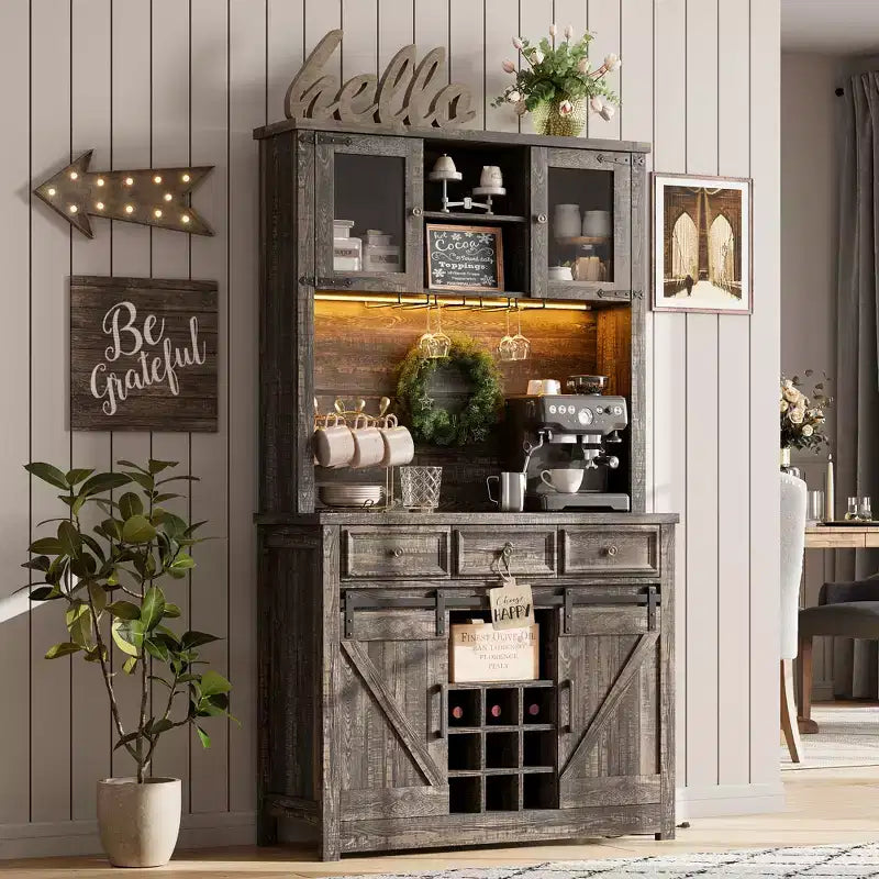 COZONY 72 Armoire de Bar à Café de Ferme avec Lumières LED, Buffet Moderne avec Portes Coulissantes et Rangement à Vin pour Cuisine, Salle à Manger