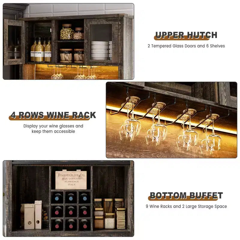 COZONY 72 Armoire de Bar à Café de Ferme avec Lumières LED, Buffet Moderne avec Portes Coulissantes et Rangement à Vin pour Cuisine, Salle à Manger