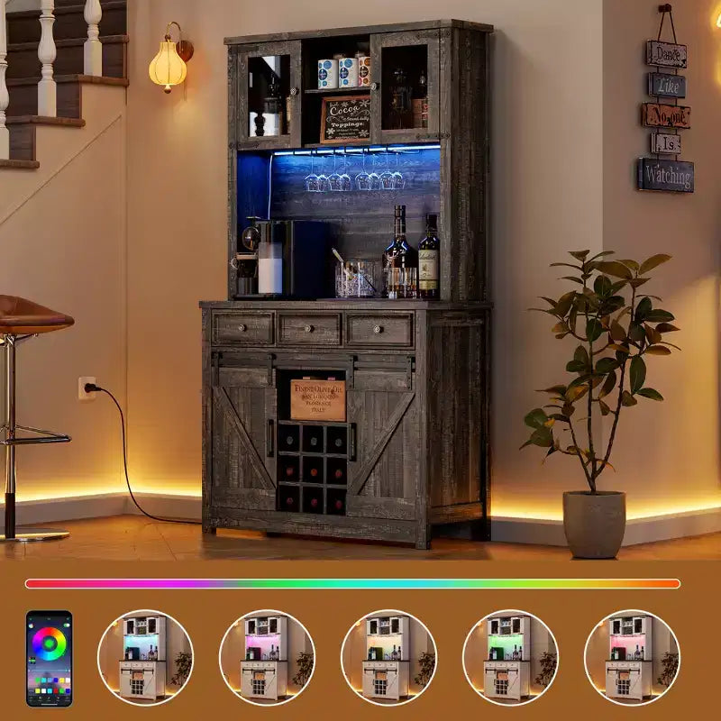 COZONY 72 Armoire de Bar à Café de Ferme avec Lumières LED, Buffet Moderne avec Portes Coulissantes et Rangement à Vin pour Cuisine, Salle à Manger