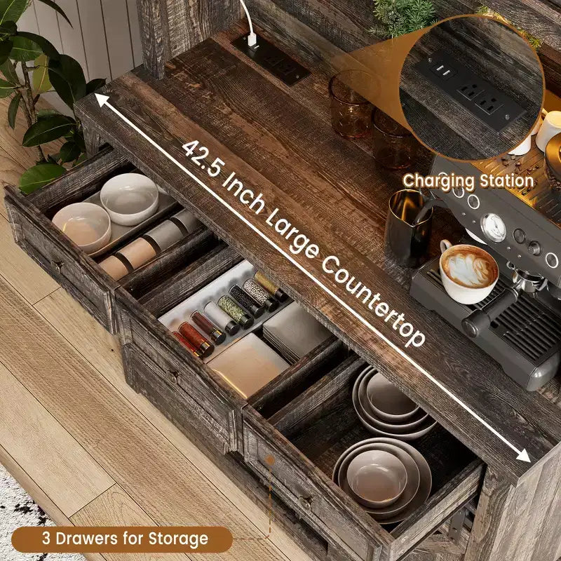 COZONY 72 Armoire de Bar à Café de Ferme avec Lumières LED, Buffet Moderne avec Portes Coulissantes et Rangement à Vin pour Cuisine, Salle à Manger