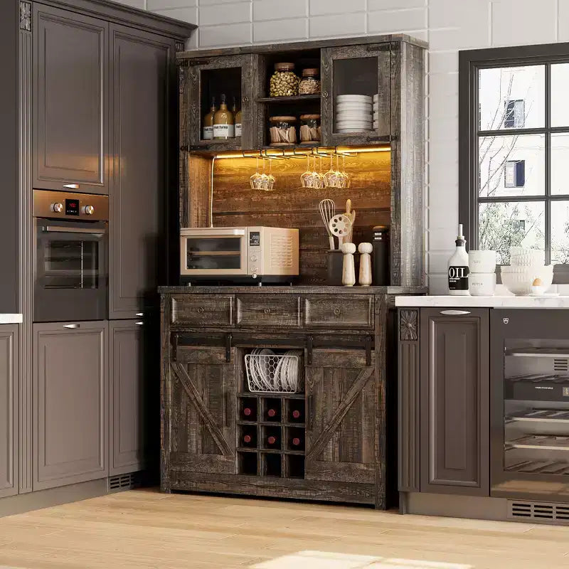 COZONY 72 Armoire de Bar à Café de Ferme avec Lumières LED, Buffet Moderne avec Portes Coulissantes et Rangement à Vin pour Cuisine, Salle à Manger