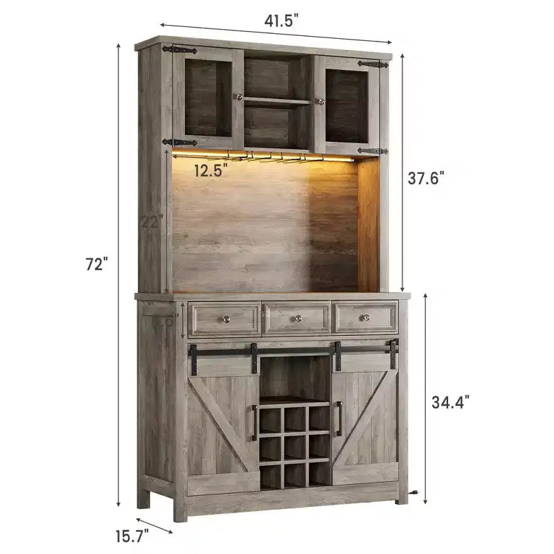 COZONY 72 Armoire de Bar à Café de Ferme avec Lumières LED, Buffet Moderne avec Portes Coulissantes et Rangement à Vin pour Cuisine, Salle à Manger