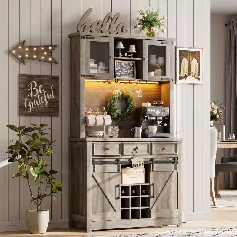COZONY 72 Armoire de Bar à Café de Ferme avec Lumières LED, Buffet Moderne avec Portes Coulissantes et Rangement à Vin pour Cuisine, Salle à Manger