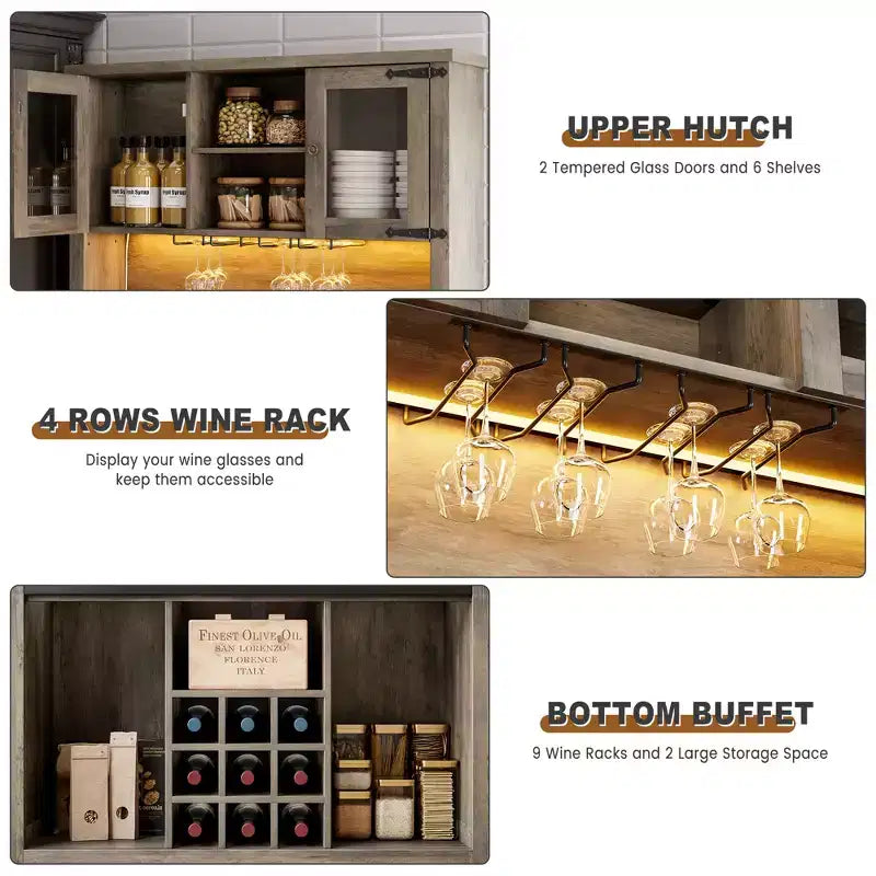 COZONY 72 Armoire de Bar à Café de Ferme avec Lumières LED, Buffet Moderne avec Portes Coulissantes et Rangement à Vin pour Cuisine, Salle à Manger
