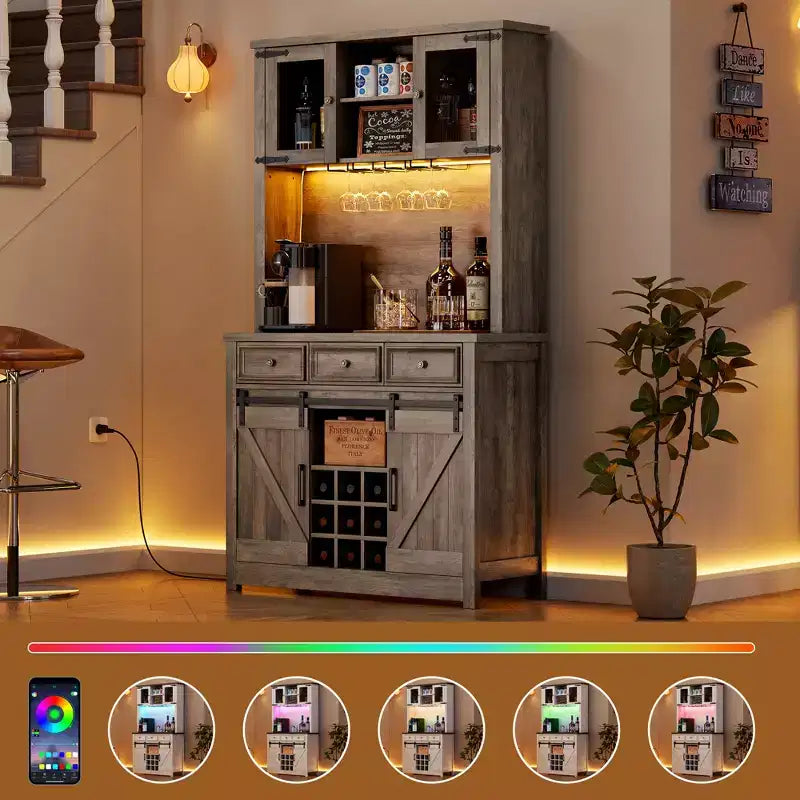 COZONY 72 Armoire de Bar à Café de Ferme avec Lumières LED, Buffet Moderne avec Portes Coulissantes et Rangement à Vin pour Cuisine, Salle à Manger