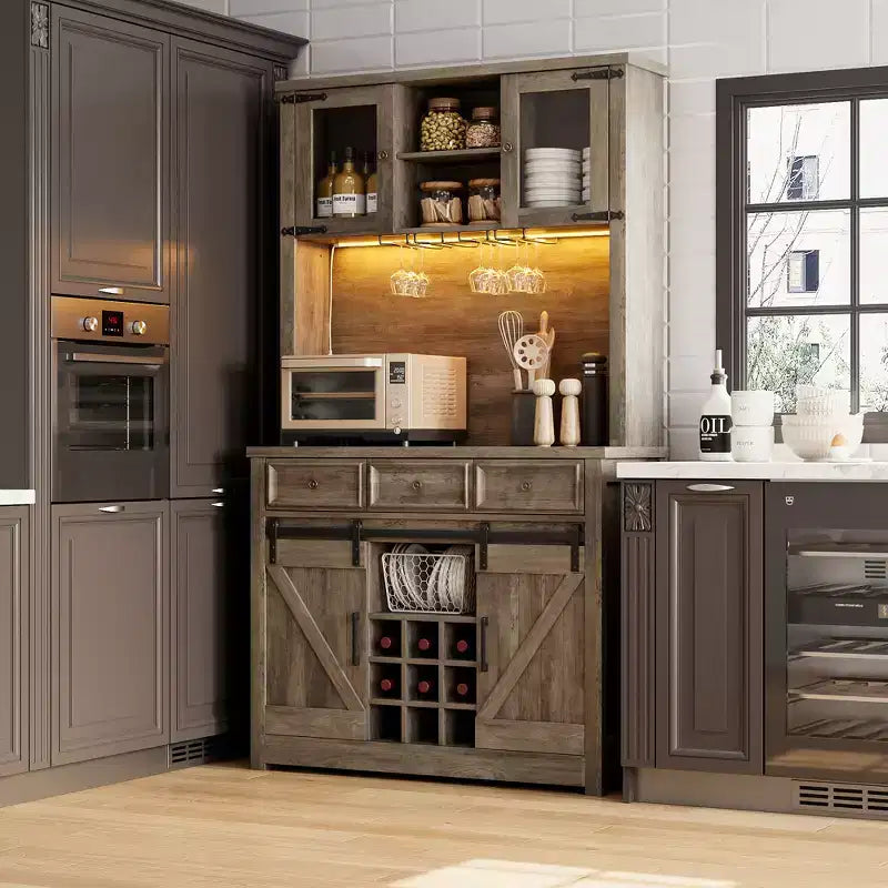 COZONY 72 Armoire de Bar à Café de Ferme avec Lumières LED, Buffet Moderne avec Portes Coulissantes et Rangement à Vin pour Cuisine, Salle à Manger