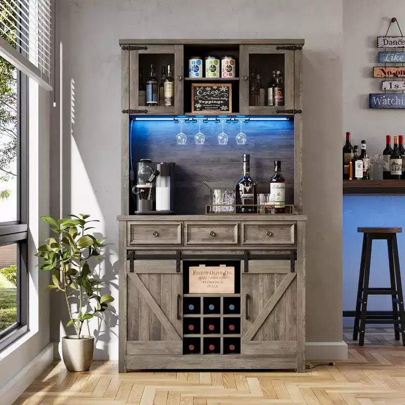 COZONY 72 Armoire de Bar à Café de Ferme avec Lumières LED, Buffet Moderne avec Portes Coulissantes et Rangement à Vin pour Cuisine, Salle à Manger