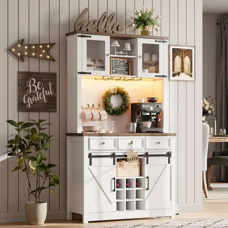 COZONY 72 Armoire de Bar à Café de Ferme avec Lumières LED, Buffet Moderne avec Portes Coulissantes et Rangement à Vin pour Cuisine, Salle à Manger