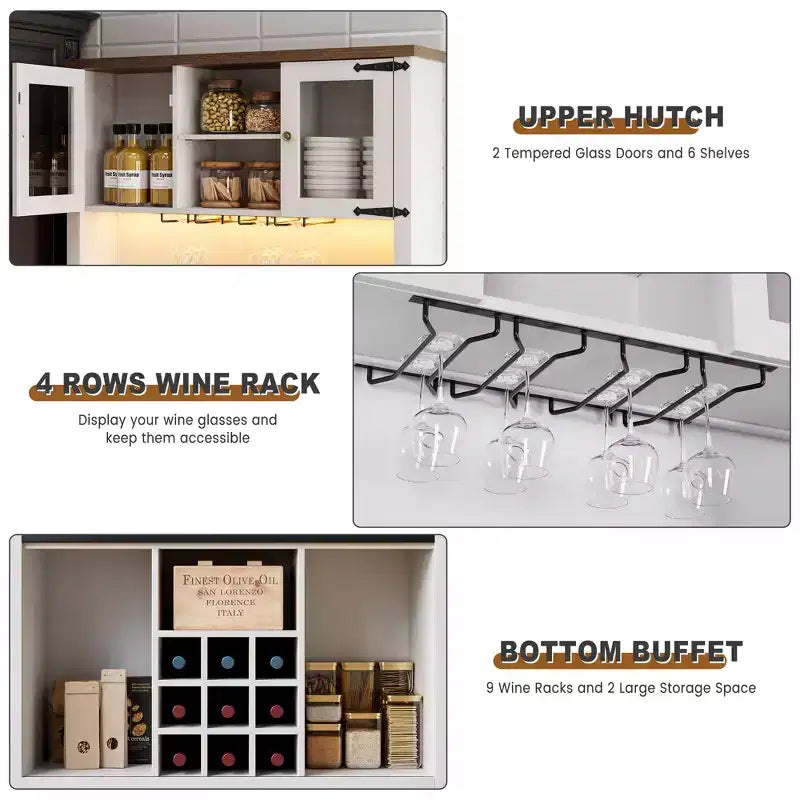 COZONY 72 Armoire de Bar à Café de Ferme avec Lumières LED, Buffet Moderne avec Portes Coulissantes et Rangement à Vin pour Cuisine, Salle à Manger