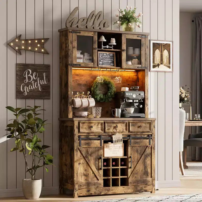 COZONY 72 Armoire de Bar à Café de Ferme avec Lumières LED, Buffet Moderne avec Portes Coulissantes et Rangement à Vin pour Cuisine, Salle à Manger