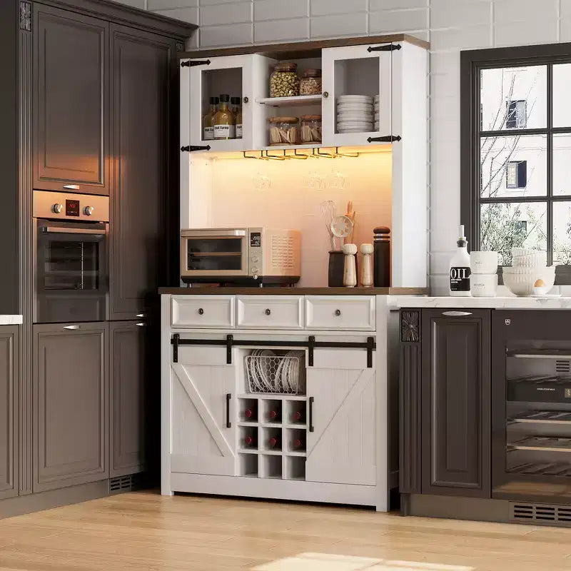 COZONY 72 Armoire de Bar à Café de Ferme avec Lumières LED, Buffet Moderne avec Portes Coulissantes et Rangement à Vin pour Cuisine, Salle à Manger